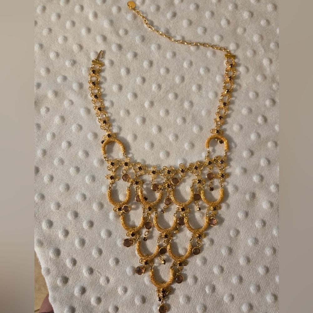 Stylish Gold Waterfall Bib Necklace with Rose glass Dangles Costume Coture